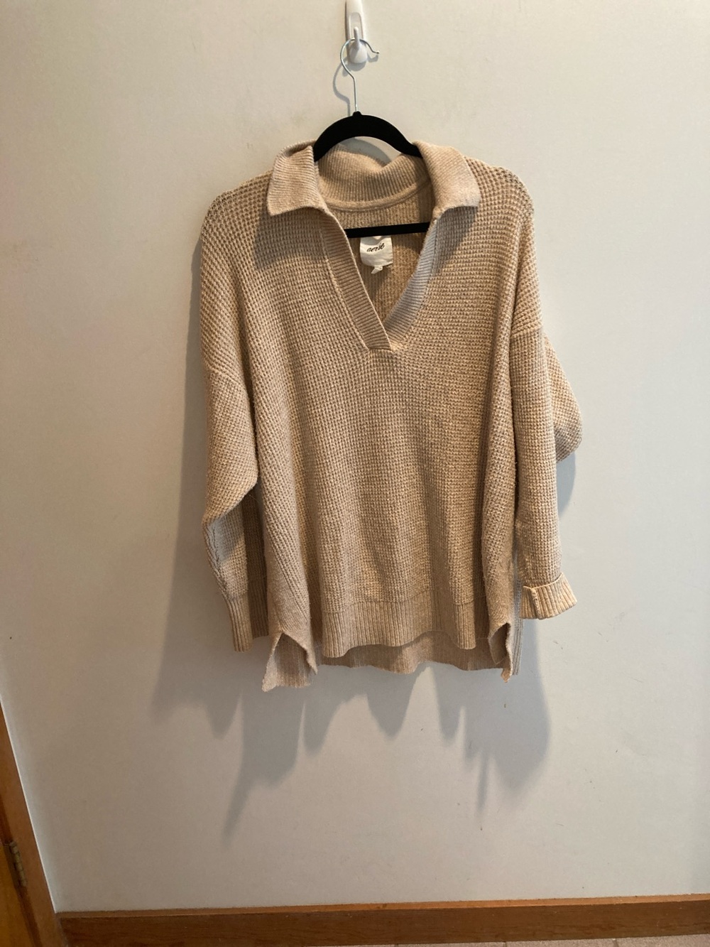 aerie Waffle Knit Collared V-Neck Sweater - Beige set